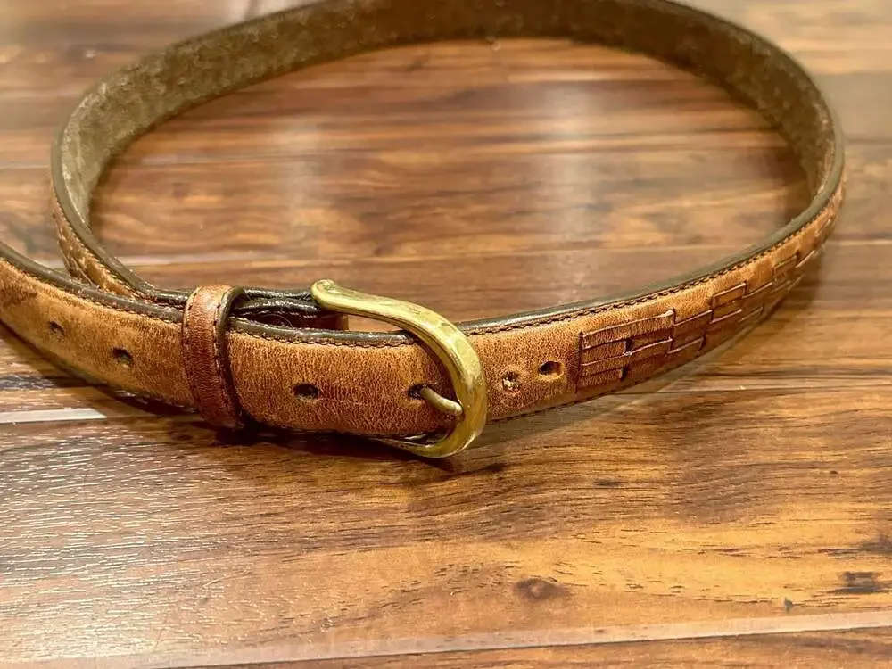 Vintage Hand-Tooled Tan Leather Western Belt with Brass Buckle